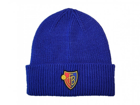 Strickbeanie blau mit Logo-Rubberbadge